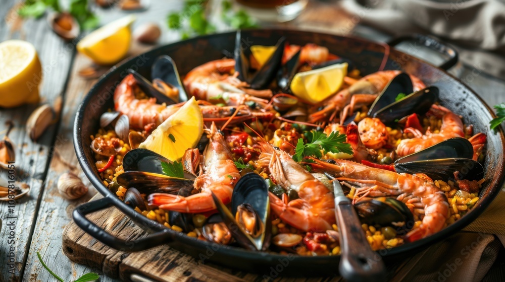 A sumptuous seafood paella served in a traditional Spanish pan, brimming with shrimp A sumptuous seafood paella served in a traditional Spanish pan, brimming with shrimp
