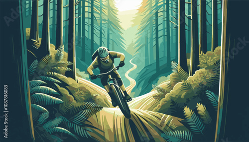 A man on a bicycle is engaged in extreme riding in the forest