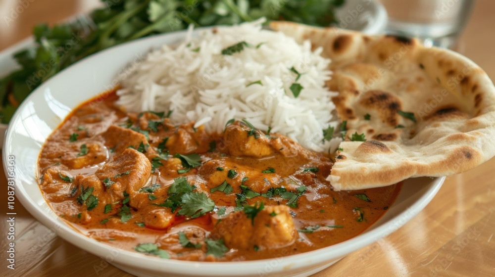 A tantalizing bowl of chicken curry served with fluffy basmati rice and naan bread, Curry bowl placed off-center A tantalizing bowl of chicken curry served with fluffy basmati rice and naan bread, Curry bowl placed off-center