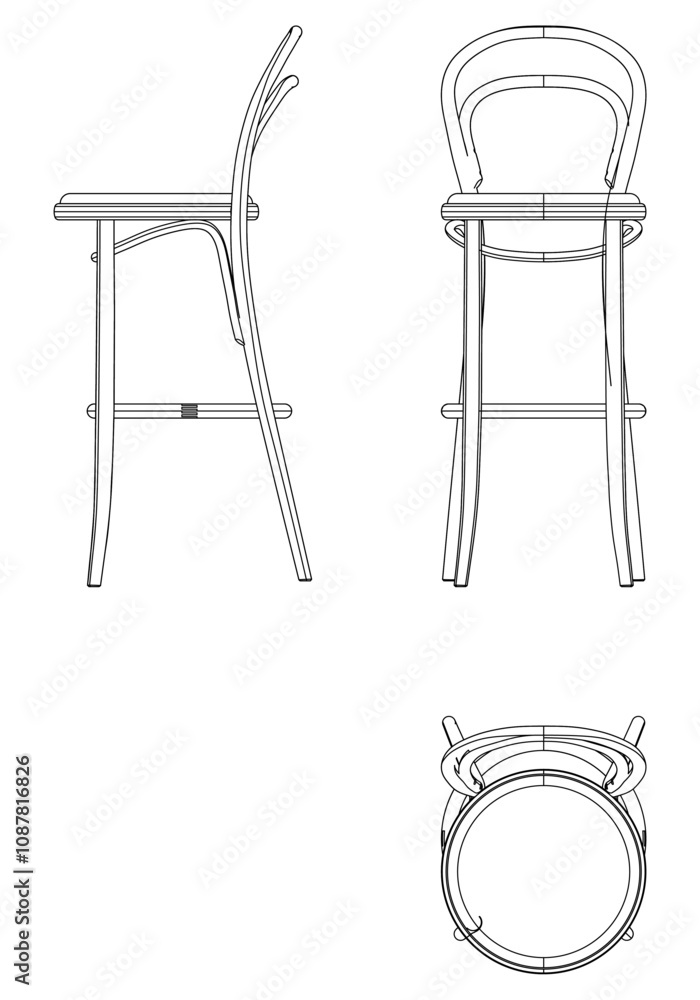 Bar Chair, Bar stool editable vector illustration on white background. chair Line art, clip art, Fancy Chair, Hand-drawn design elements with Front, Side, and Top Views Bar Chair, Bar stool editable vector illustration on white background. chair Line art, clip art, Fancy Chair, Hand-drawn design elements with Front, Side, and Top Views