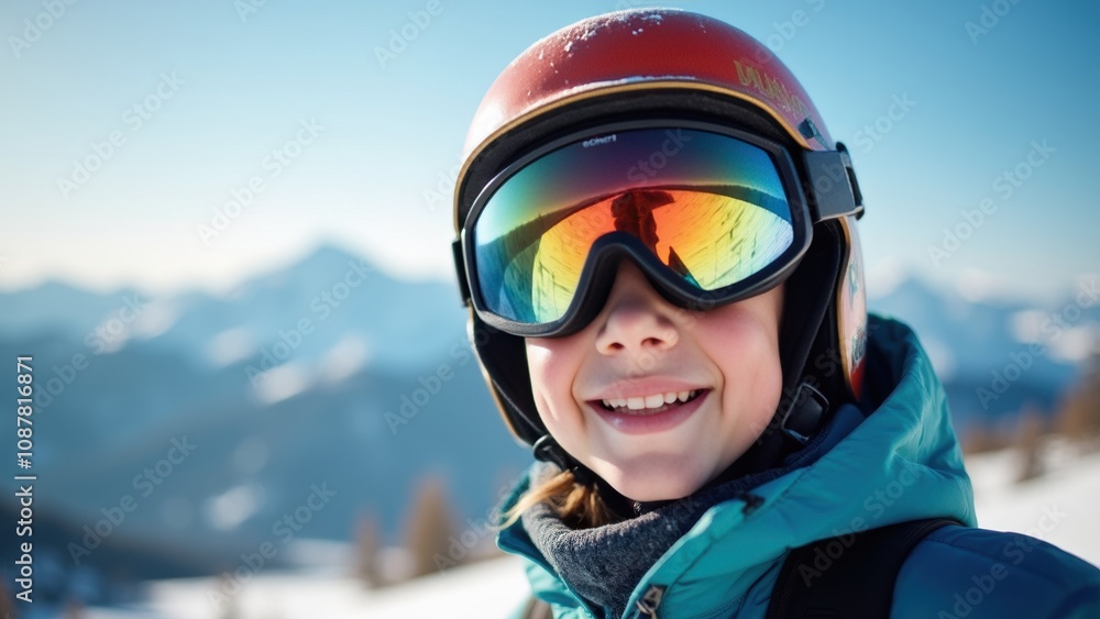 A cheerful young skier poses with a wide smile, wearing a helmet and goggles, surrounded by a stunning mountainous landscape under clear blue skies A cheerful young skier poses with a wide smile, wearing a helmet and goggles, surrounded by a stunning mountainous landscape under clear blue skies