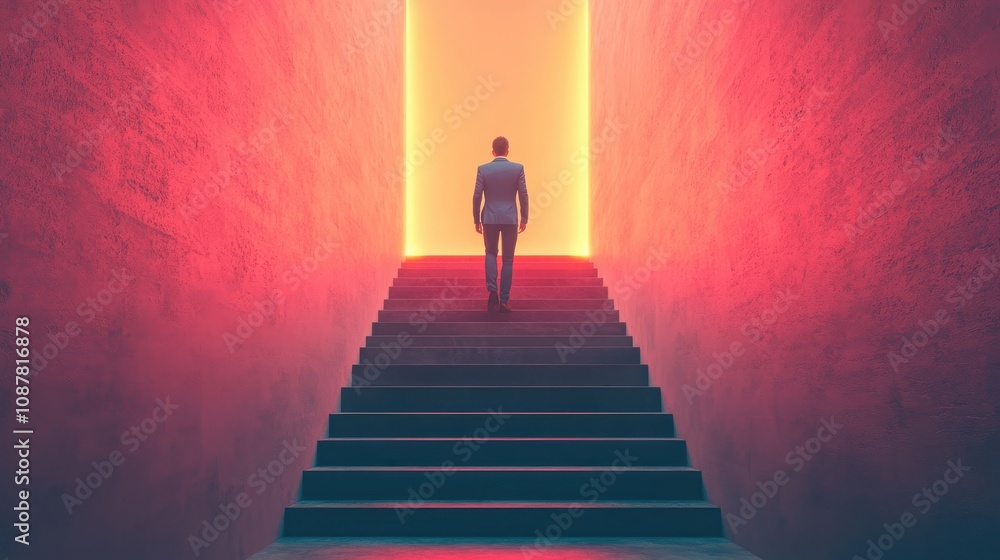 A solitary figure ascends stairs toward a glowing doorway, embodying a journey towards enlightenment and possibility in a surreal, vibrant environment. A solitary figure ascends stairs toward a glowing doorway, embodying a journey towards enlightenment and possibility in a surreal, vibrant environment.