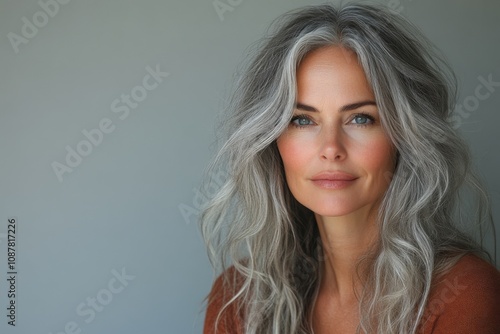 Portrait of a woman with long gray hair on a light background with space for text. Beautiful banner for cosmetics