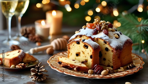 Italian panettone, a tall festive cake with dried fruits and candied peels, sliced into large pieces, arranged on a decorative ceramic plate. In the background, glasses of sparkling wine, candles