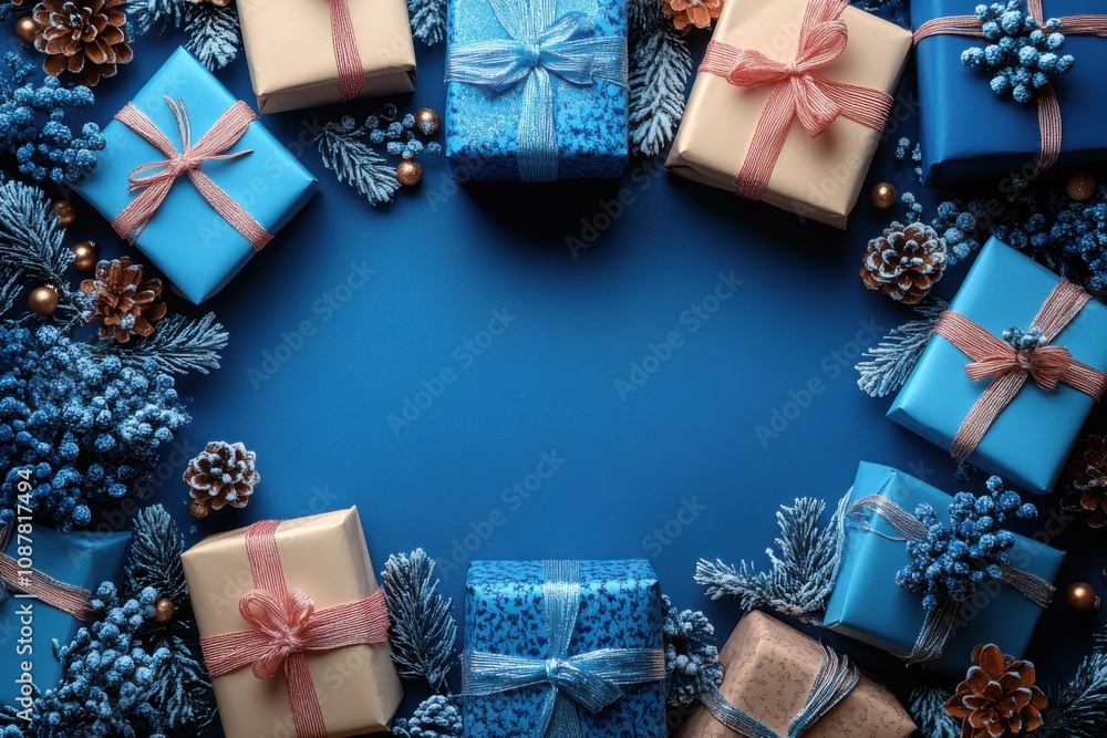 Fototapeta premium Frame of colorful Christmas gifts with space for text. Bright ribbons, festive patterns, holiday vibe. Perfect background for greetings and promotions.