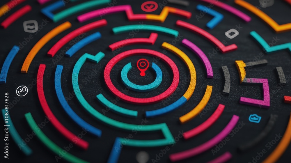A vibrant, circular maze design featuring colorful paths and a central marker, representing navigation or problem-solving concepts. A vibrant, circular maze design featuring colorful paths and a central marker, representing navigation or problem-solving concepts.