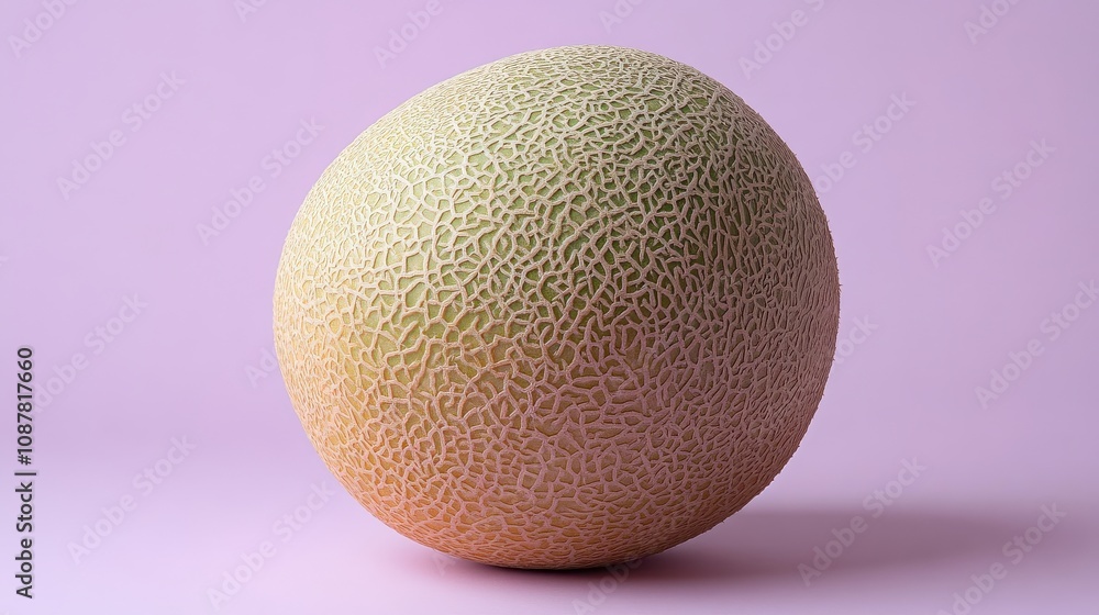 A Beautifully Arranged Whole Cantaloupe on a Soft Lavender Background Perfect for Food Blogs, Recipes, and Culinary Publications A Beautifully Arranged Whole Cantaloupe on a Soft Lavender Background Perfect for Food Blogs, Recipes, and Culinary Publications