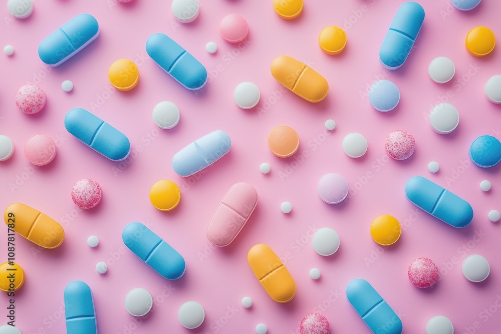 Vibrant arrangement of colorful pills and capsules on a pink background symbolizes the pharmaceutical industry, healthcare, and the pursuit of well-being Vibrant arrangement of colorful pills and capsules on a pink background symbolizes the pharmaceutical industry, healthcare, and the pursuit of well-being