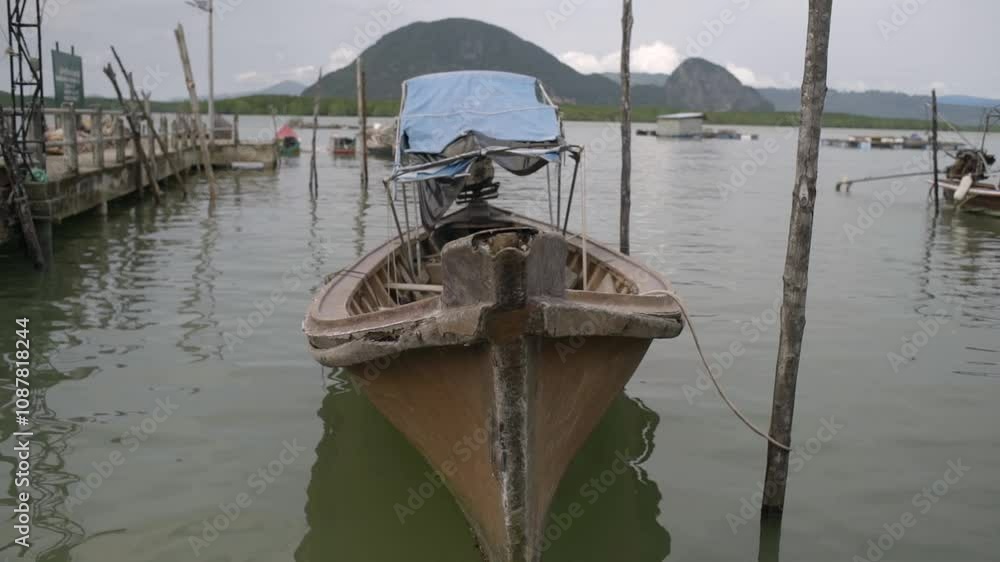 empty wooden boat at the port on an island by the sea at tropical thailand panyee island daytime empty wooden boat at the port on an island by the sea at tropical thailand panyee island daytime