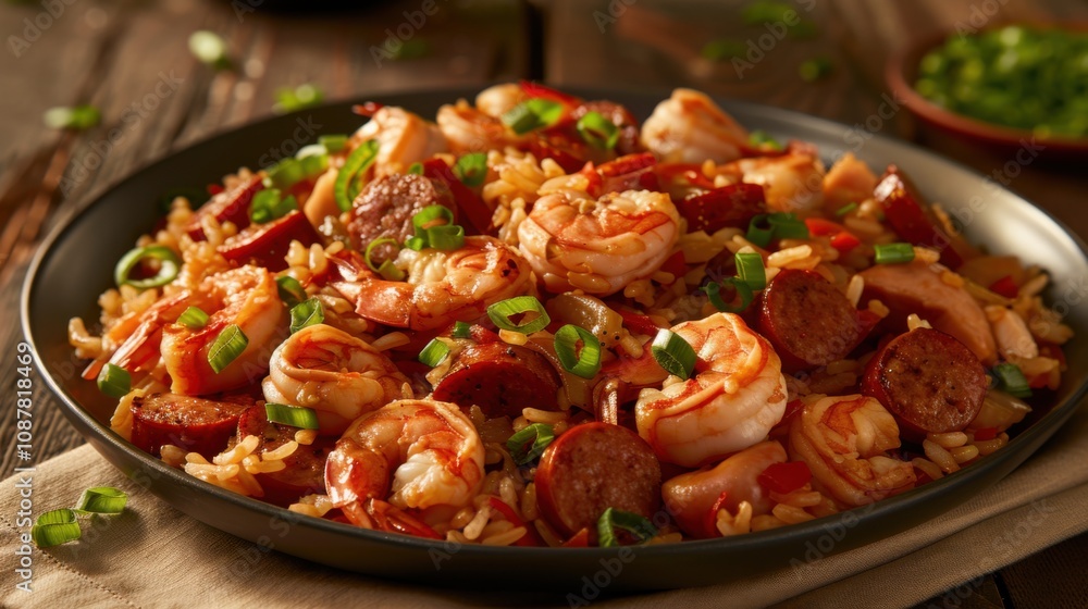 A tantalizing plate of jambalaya with spicy Andouille sausage, shrimp A tantalizing plate of jambalaya with spicy Andouille sausage, shrimp