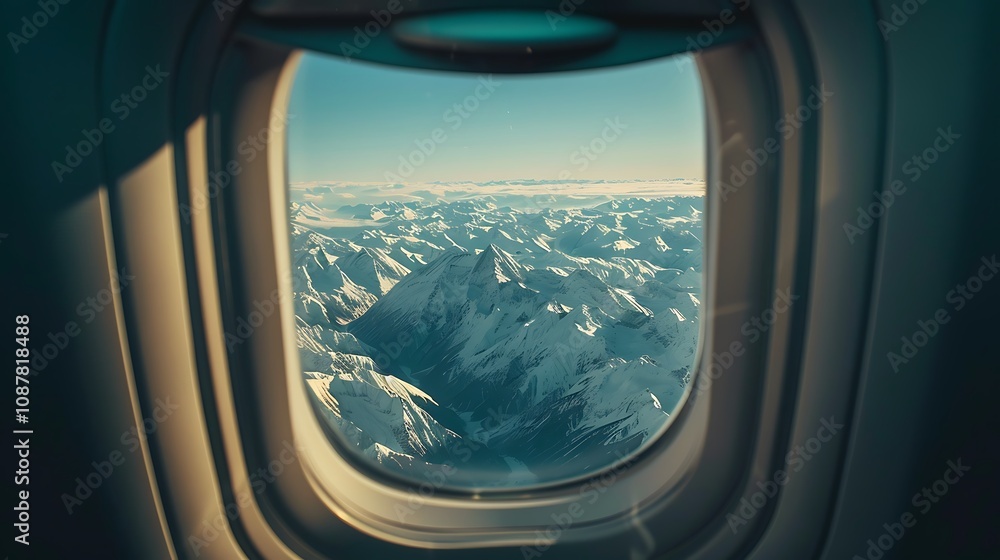 Aerial view of snow-capped mountains seen through an airplane window, capturing the beauty of nature from above. Aerial view of snow-capped mountains seen through an airplane window, capturing the beauty of nature from above.