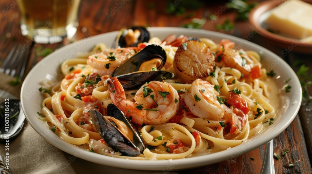 A tantalizing plate of seafood linguine with shrimp, scallops A tantalizing plate of seafood linguine with shrimp, scallops
