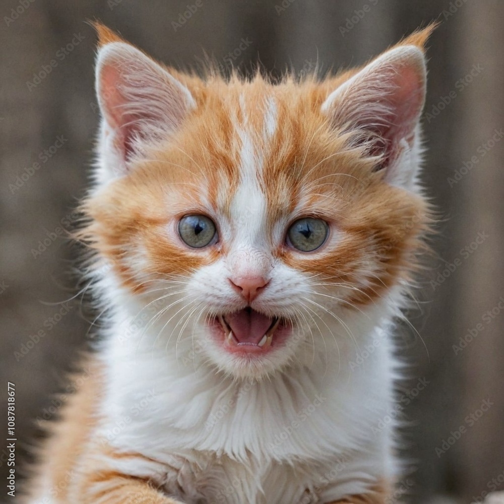 Amazing photo of a hissing little fluffy ginger and white kitten, whose instinct for self-preservation was triggered by fear. Amazing photo of a hissing little fluffy ginger and white kitten, whose instinct for self-preservation was triggered by fear.