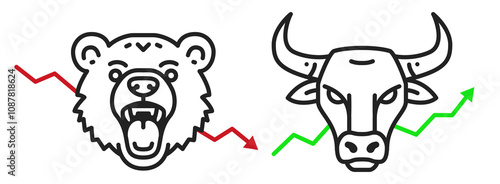 Bear and bull heads representing various trading activities, investment strategies, and market trends. Editable vector stock trading design elements. Rising and falling charts of financial markets.