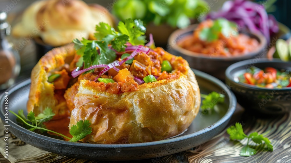 A tantalizing plate of South African bunny chow, hollowed-out bread filled with spicy curry A tantalizing plate of South African bunny chow, hollowed-out bread filled with spicy curry