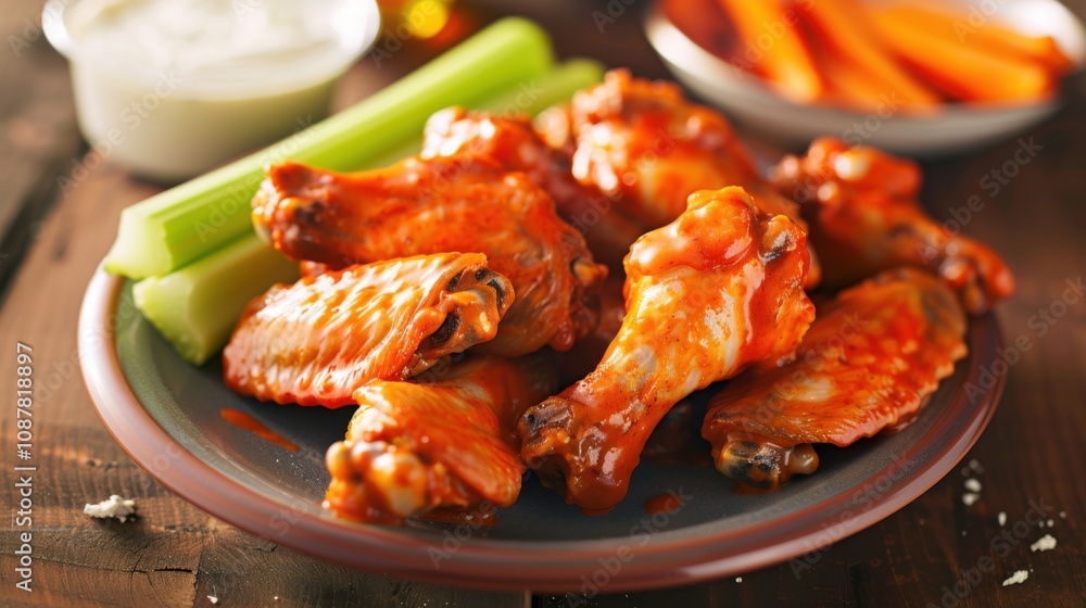A tantalizing plate of spicy buffalo wings with celery sticks and blue cheese dressing, Wings plate centered A tantalizing plate of spicy buffalo wings with celery sticks and blue cheese dressing, Wings plate centered