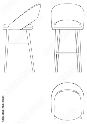 Bar Chair, Bar stool editable vector illustration on white background. chair Line art, clip art, Fancy Chair, Hand-drawn design elements with Front, Side, and Top Views