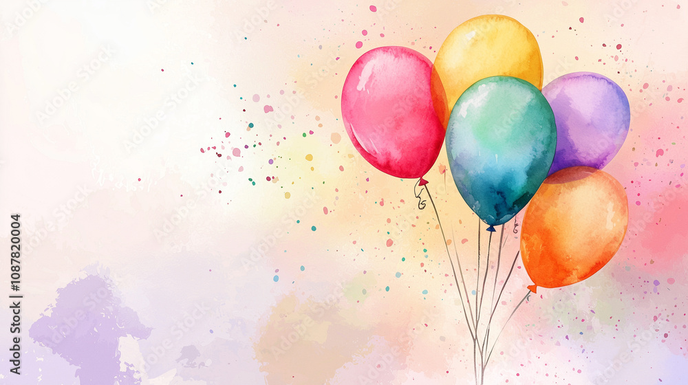Fototapeta premium Farbenfrohe Aquarell-Ballons mit verspielten Farbspritzern – eine kreative und festliche Illustration für Geburtstags- und Partydekorationen