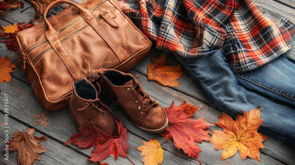 Autumn leaves, boots, jeans, leather bag, checkered shirt on gray table. Trendy fashion Autumn accessories, female look Autumn leaves, boots, jeans, leather bag, checkered shirt on gray table. Trendy fashion Autumn accessories, female look