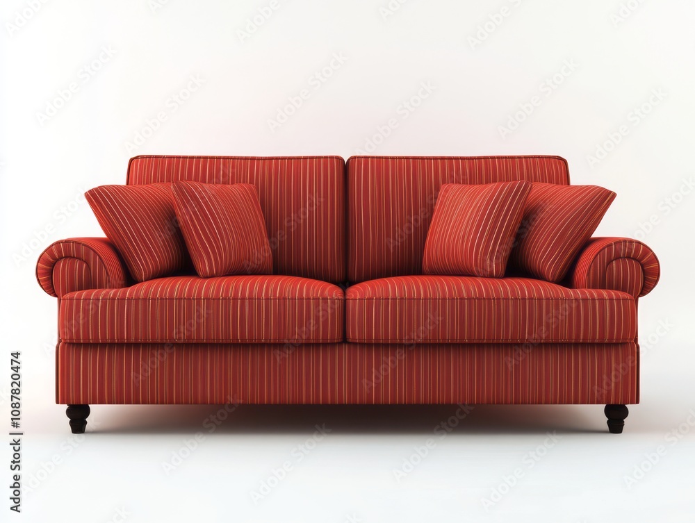 Red Striped Sofa With Matching Pillows In A White Room Red Striped Sofa With Matching Pillows In A White Room