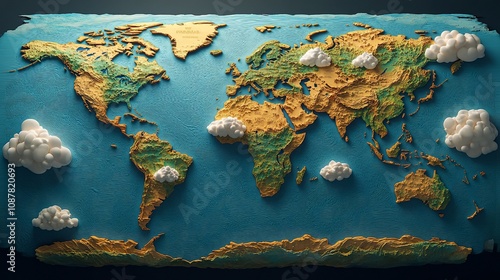A textured map of the world created with colorful materials, resembling a 3D relief.