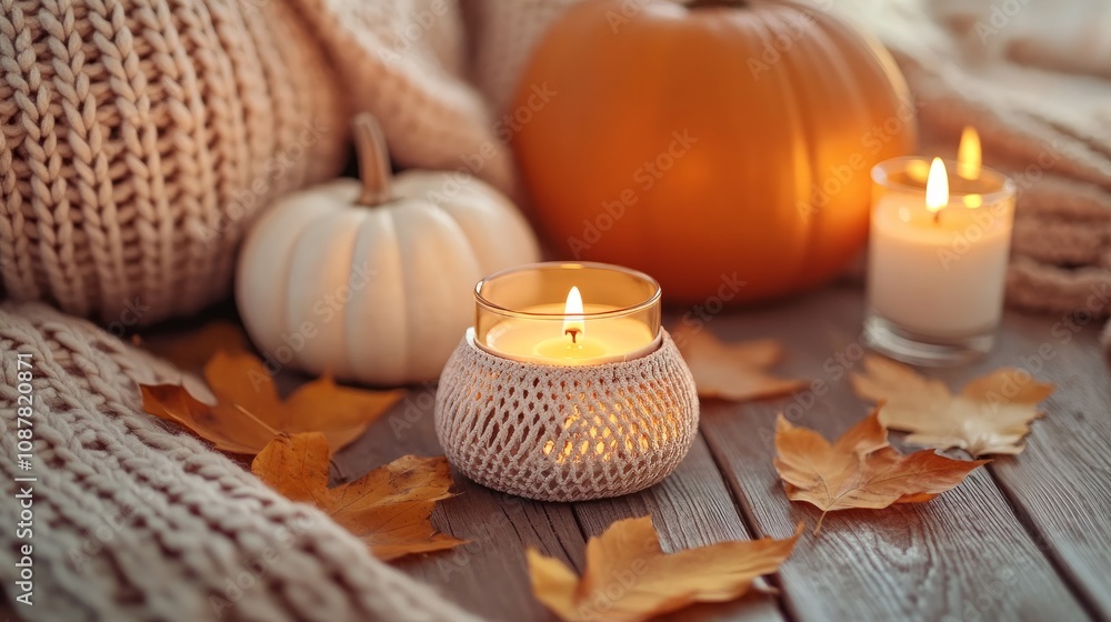 Autumn mood, cozy fall home atmosphere. Aroma diffuser, pumpkins, knitted warm sweaters, burning candles, dry leaves on wooden table Autumn mood, cozy fall home atmosphere. Aroma diffuser, pumpkins, knitted warm sweaters, burning candles, dry leaves on wooden table