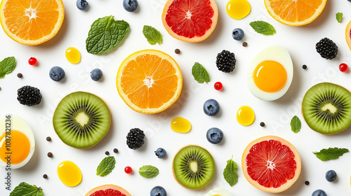 Mixed fresh fruits scatter on white background.