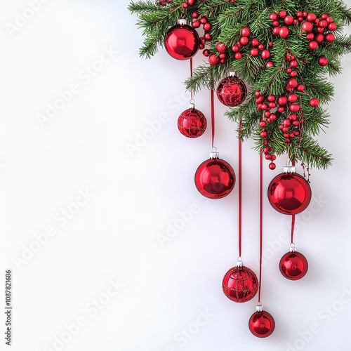 Christmas ornaments hanging from fir branches above fireplace mantel decorated with garland and candles photo