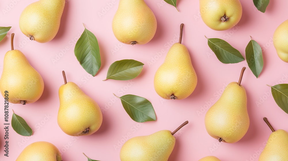 Fresh yellow pears arranged on a pink background with green leaves providing a vibrant, colorful display of fruit. Fresh yellow pears arranged on a pink background with green leaves providing a vibrant, colorful display of fruit.