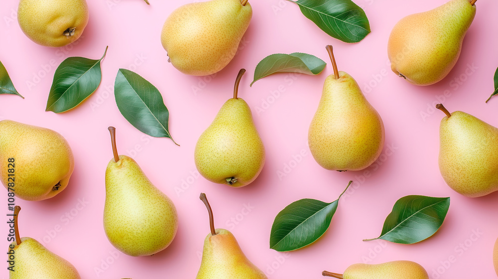 Fresh yellow pears arranged on a pink background with green leaves providing a vibrant, colorful display of fruit. Fresh yellow pears arranged on a pink background with green leaves providing a vibrant, colorful display of fruit.