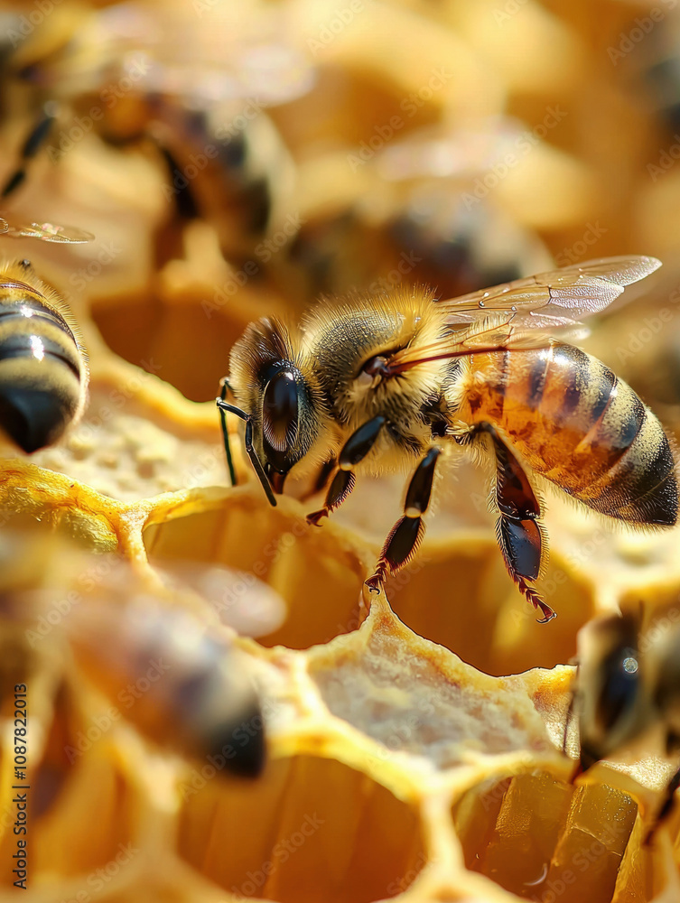 Close-up of busy bees on hexagonal honeycomb structures in vibrant golden tones. Close-up of busy bees on hexagonal honeycomb structures in vibrant golden tones.