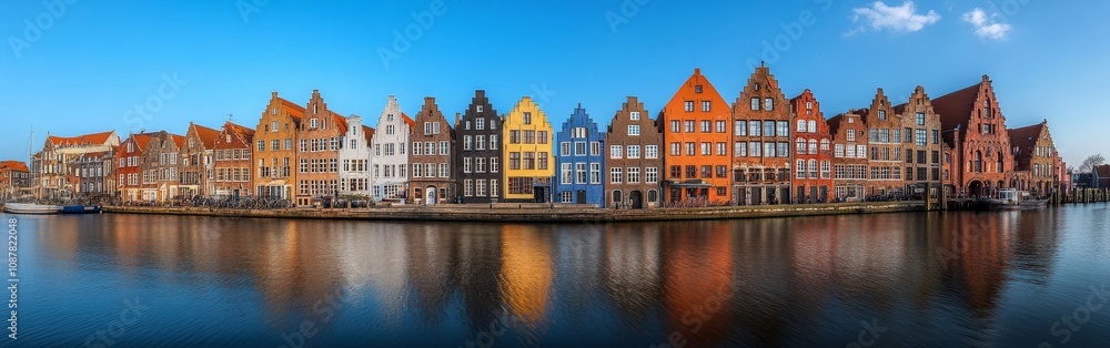 Naklejka premium Colorful riverside houses reflected on the water under clear skies in a peaceful town