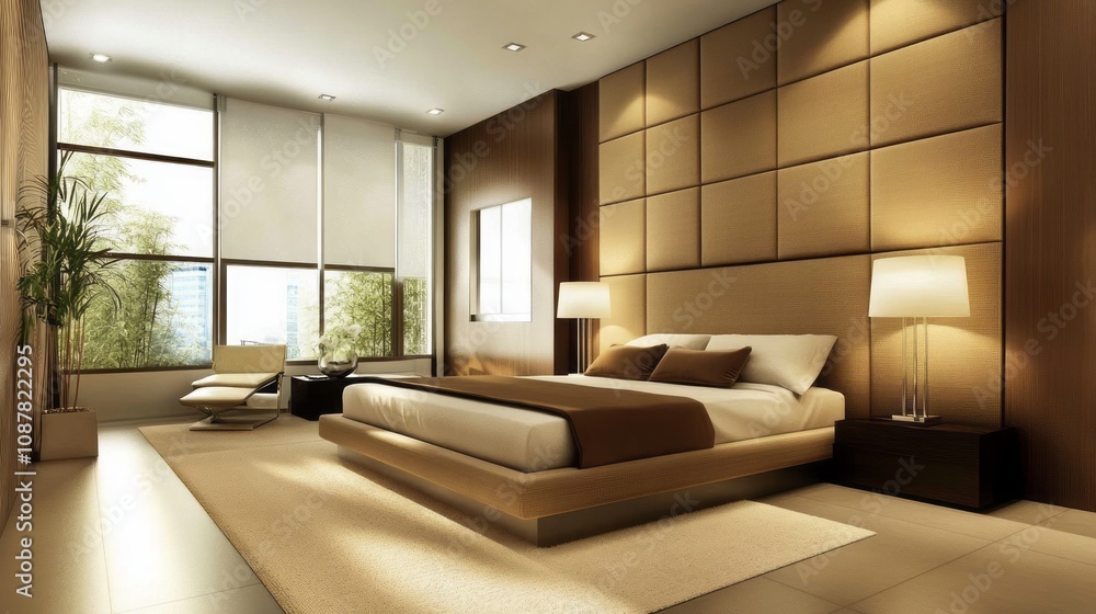 Fototapeta premium Modern Luxurious Bedroom Interior Design Featuring Large Bed
