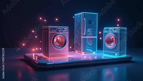 Neon home appliances on the smartphone. The concept of remote control of household appliances.