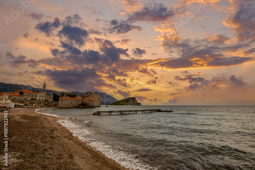 Obraz na płótnie Old Town citadel in Budva town over Adriatic Sea, Montenegro. Island of Saint Nicholas on background w salonie