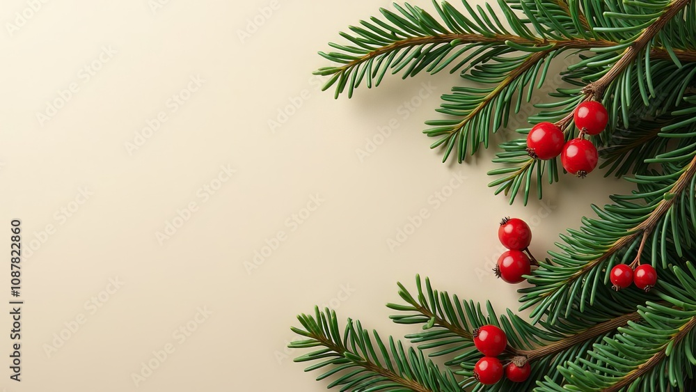 New Year's beige background with fir branches and berries. New Year's beige background with fir branches and berries.