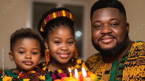 A family celebrating Kwanzaa together, with the parents lighting the kinara and the children watching. photo