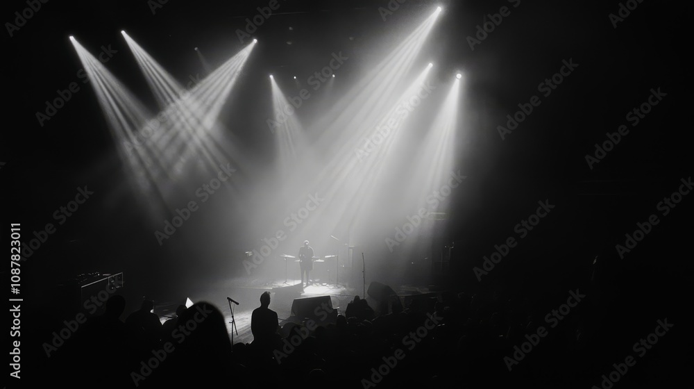 Naklejka premium Silhouetted audience watches a band perform under bright stage lights in a concert venue.