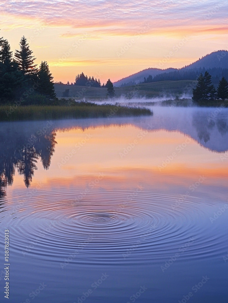 Vibrant dawn over a misty lake surrounded by silhouettes of trees, creating a harmonious and peaceful natural scene. Vibrant dawn over a misty lake surrounded by silhouettes of trees, creating a harmonious and peaceful natural scene.