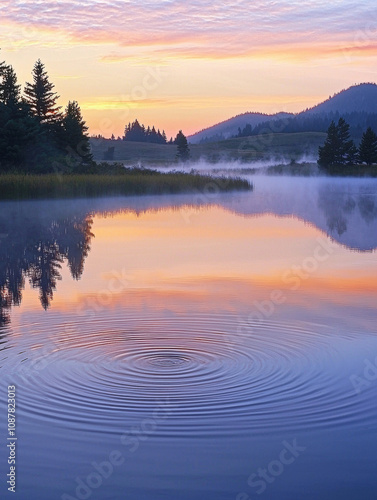 Vibrant dawn over a misty lake surrounded by silhouettes of trees, creating a harmonious and peaceful natural scene.