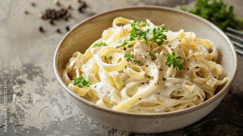 A tempting bowl of creamy chicken alfredo pasta garnished with chopped parsley, Pasta bowl placed off-center