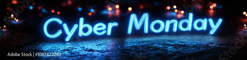 Cyber Monday in the style of glowing blue neon on a black background