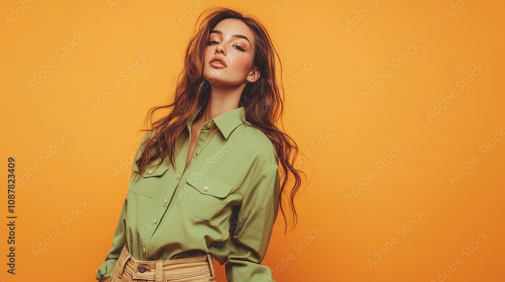 Beautiful fashionable young woman in a studio over orange background, wearing green blouse beige jeans. Spring fall autumn fashion photo, portrait. Beautiful fashionable young woman in a studio over orange background, wearing green blouse beige jeans. Spring fall autumn fashion photo, portrait.
