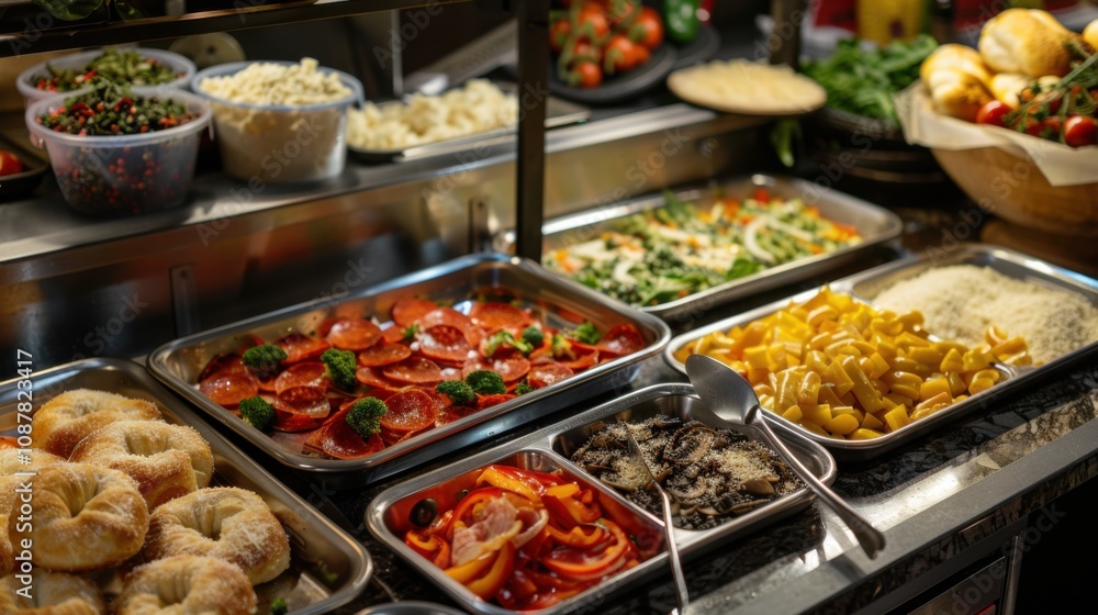 A tempting build-your-own pizza bar with a variety of toppings such as pepperoni, mushrooms A tempting build-your-own pizza bar with a variety of toppings such as pepperoni, mushrooms