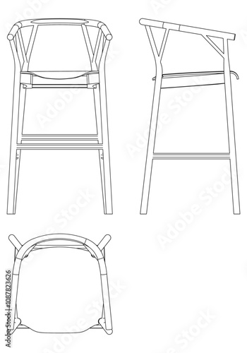 Bar Chair, Bar stool editable vector illustration on white background. chair Line art, clip art, Fancy Chair, Hand-drawn design elements with Front, Side, and Top Views