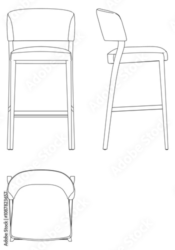 Wallpaper Mural Bar Chair, Bar stool editable vector illustration on white background. chair Line art, clip art, Fancy Chair, Hand-drawn design elements with Front, Side, and Top Views Torontodigital.ca