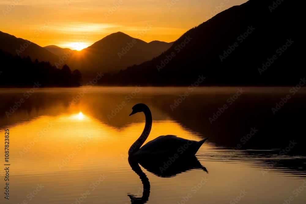Naklejka premium A pair of elegant swans swimming on a tranquil lake at dawn with fog rising from the water.