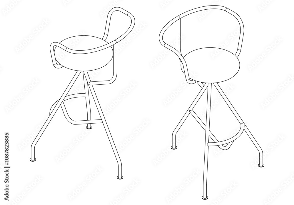 Bar Chair, Bar stool editable vector illustration on white background. chair Line art, clip art, Fancy Chair, Hand-drawn design elements with isometric Views Bar Chair, Bar stool editable vector illustration on white background. chair Line art, clip art, Fancy Chair, Hand-drawn design elements with isometric Views