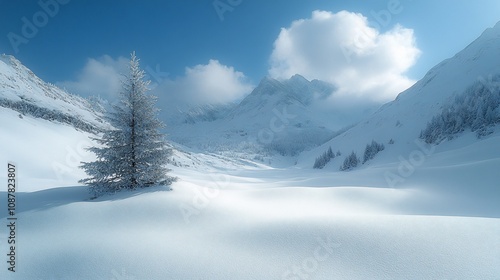 A serene winter landscape featuring snow-covered mountains and a solitary tree.