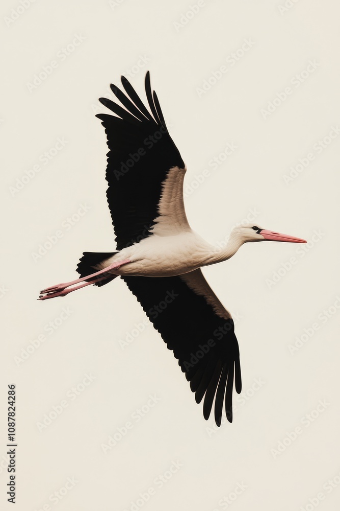 Obraz premium A stork carrying a baby bundle in the sky among clouds.